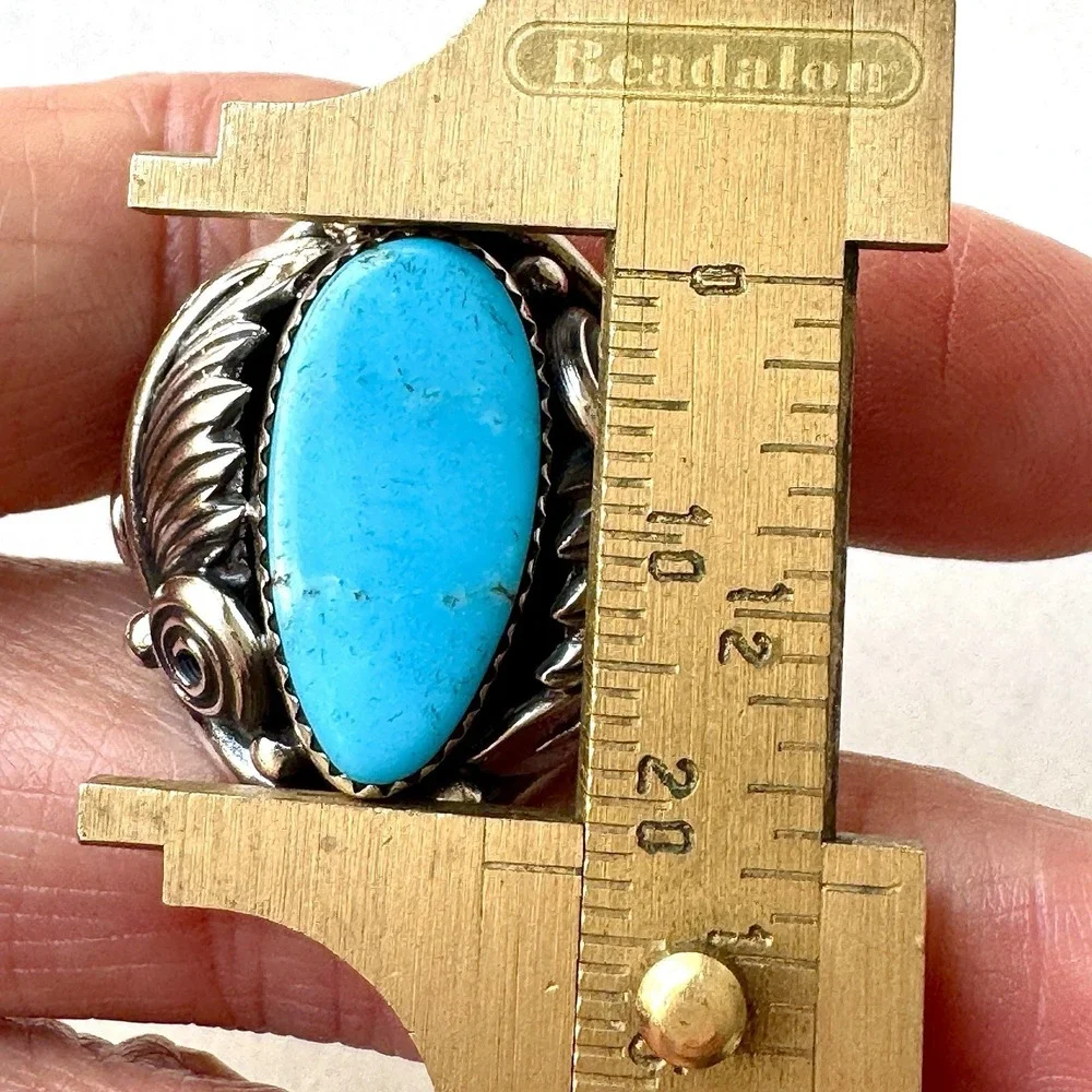 Navajo Turquoise Mens Ring Sz 11 Leaf Feather Signed Morgan Sterling Native Amer